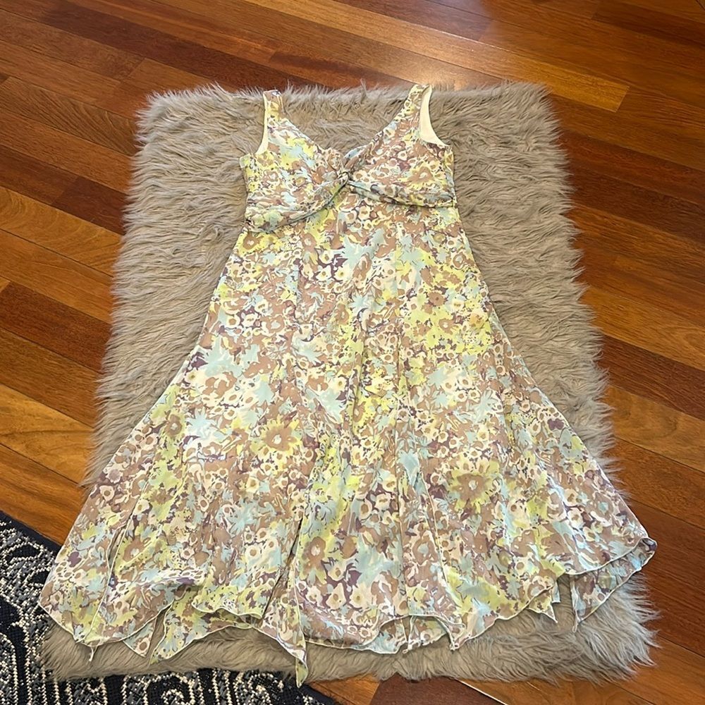 Tribal women’s light tan,‎ green, purple and blue floral polyester dress